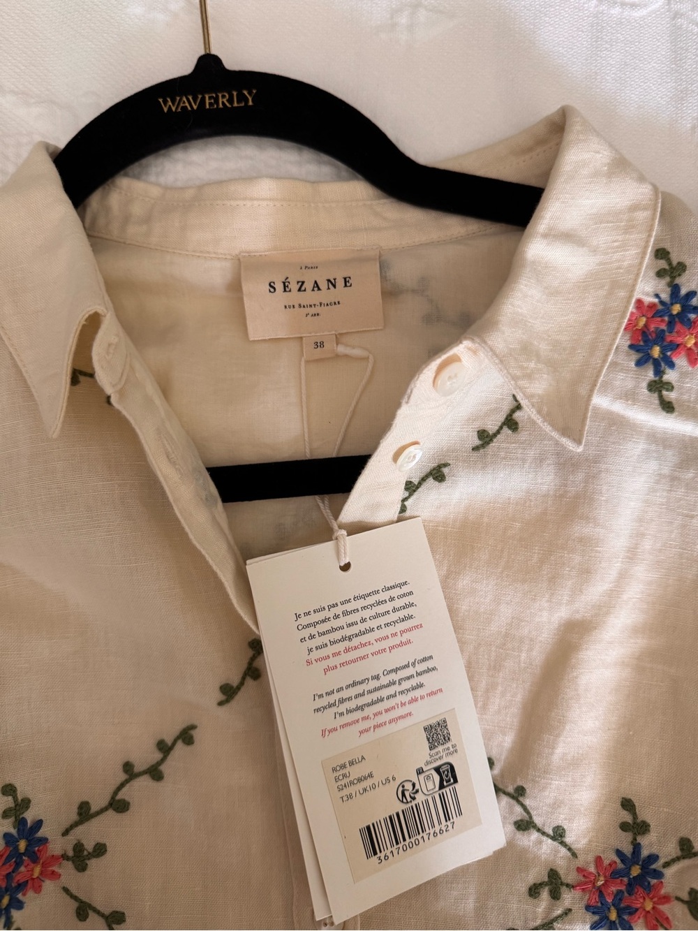 Sezane Cream Linen Shirt with Multicolor Floral Embroidery